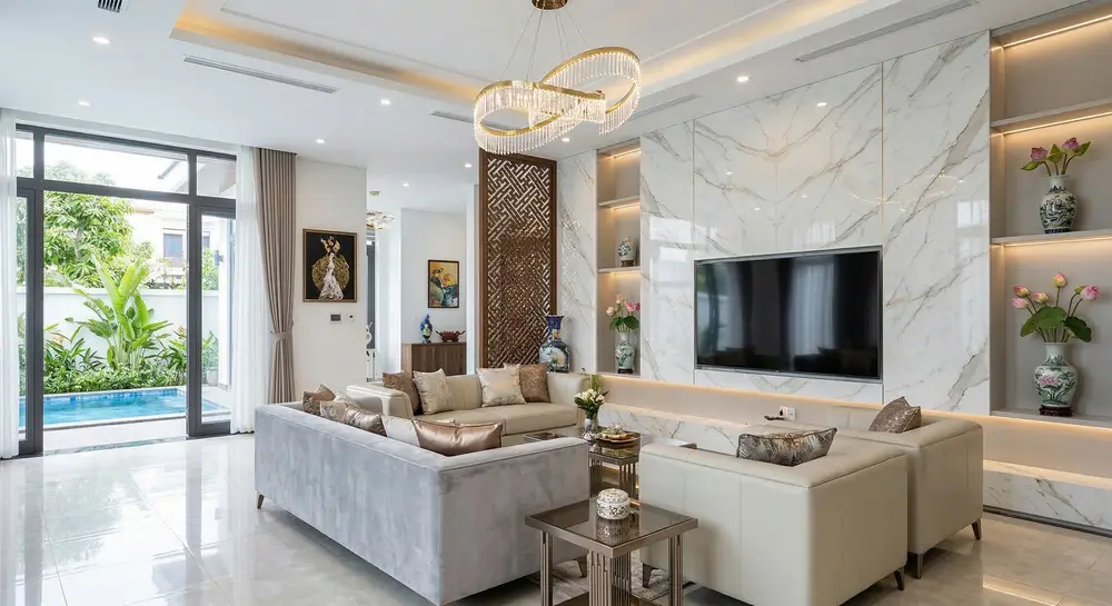Thiết kế nội thất biệt thự phong cách Modern Luxury với vách ốp đá cẩm thạch.