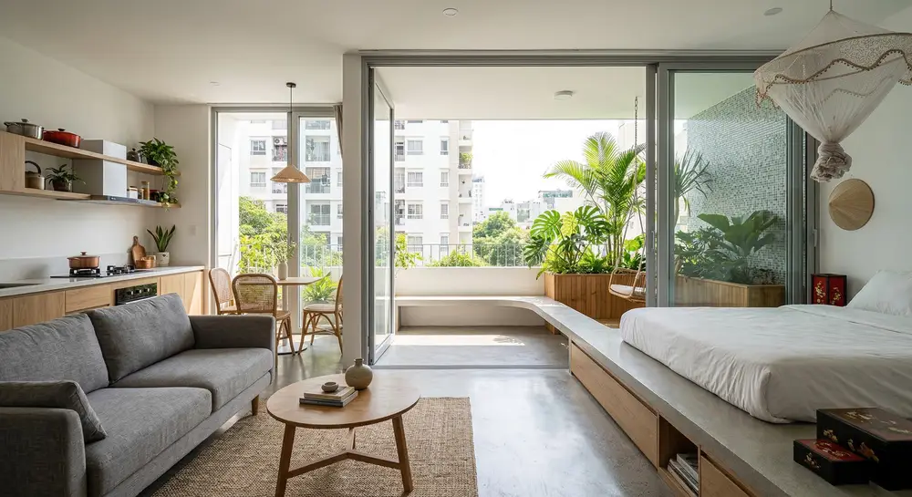 Thiết kế nội thất căn hộ Studio với không gian mở liên thông lô gia