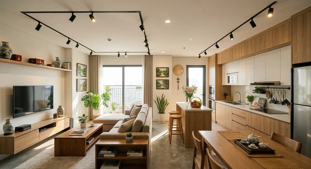 Không gian khách bếp liên thông căn hộ 3 phòng ngủ với đèn LED ray nam châm