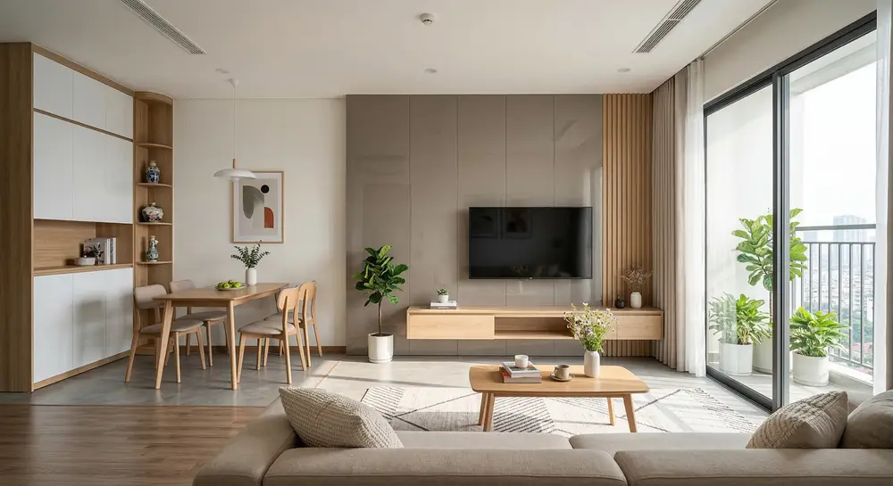 Mẫu nội thất chung cư phong cách hiện đại tối giản với mảng tường ốp Acrylic