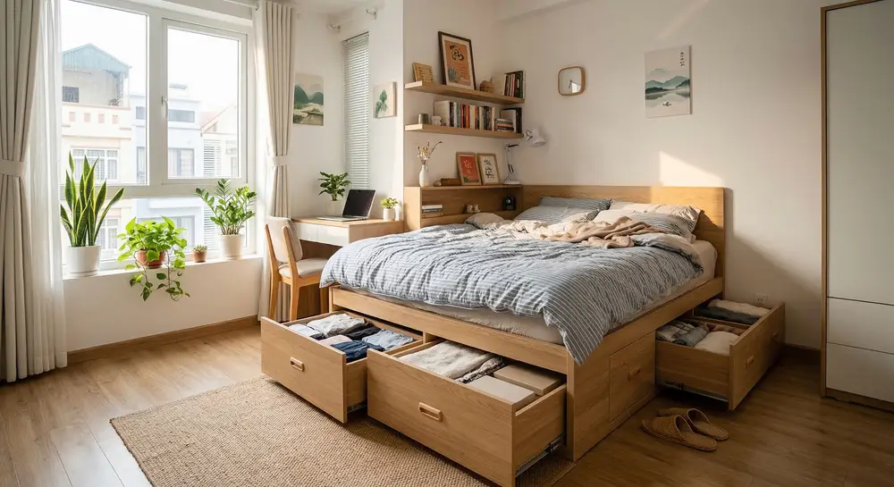 Giường hộc kéo đa năng tối ưu diện tích phòng ngủ nhỏ