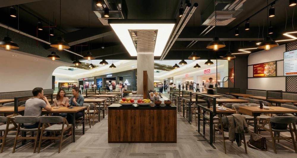 Tổng quan phối cảnh thiết kế nội thất nhà hàng sang trọng và thoáng đãng.