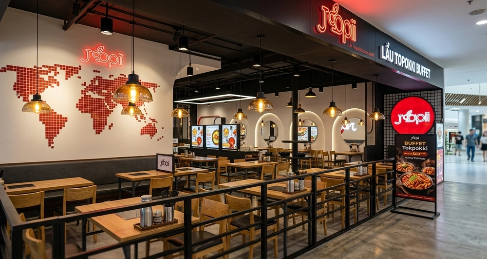 Thiết kế nội thất nhà hàng không gian ăn uống hiện đại tông màu ấm.