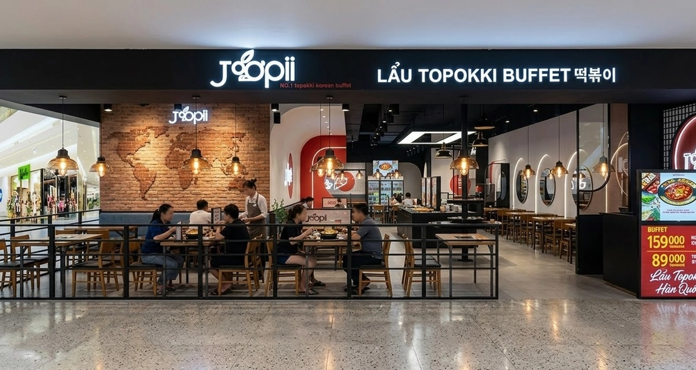 Góc nhìn chi tiết thiết kế nội thất nhà hàng với vách ngăn gỗ tinh xảo.