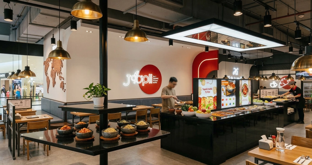 Khu vực ghế ngồi ấn tượng trong thiết kế nội thất nhà hàng phong cách Á Đông.