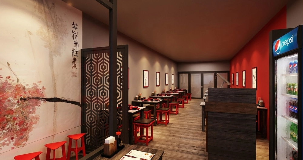 Bố trí bàn ăn gọn gàng trong thiết kế nội thất nhà hàng hiện đại.