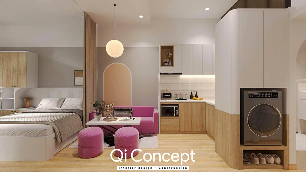 Phối cảnh phòng khách và bếp nhà phố Phú Nhuận