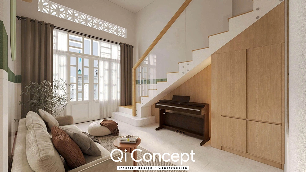 Tận dụng gầm cầu thang làm tủ kệ tại nhà phố quận 8