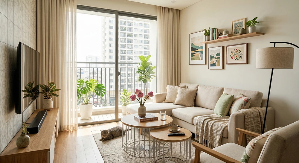 Thiết kế nội thất phòng khách chung cư với sofa văng chữ I và bàn trà lồng