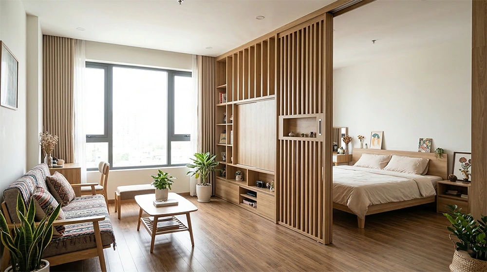 Vách ngăn lam gỗ phân chia phòng khách và phòng ngủ căn hộ Studio