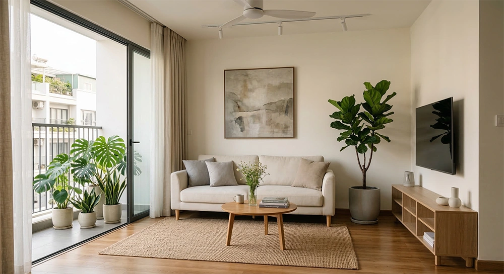 Trang trí phòng khách tối giản với gam màu trung tính