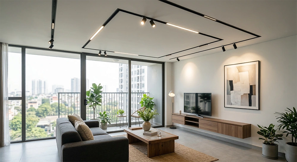 Đèn LED ray nam châm âm trần trong phòng khách hiện đại