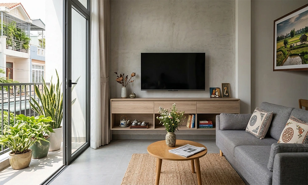 Kệ tivi treo tường phòng khách tối giản giải phóng diện tích