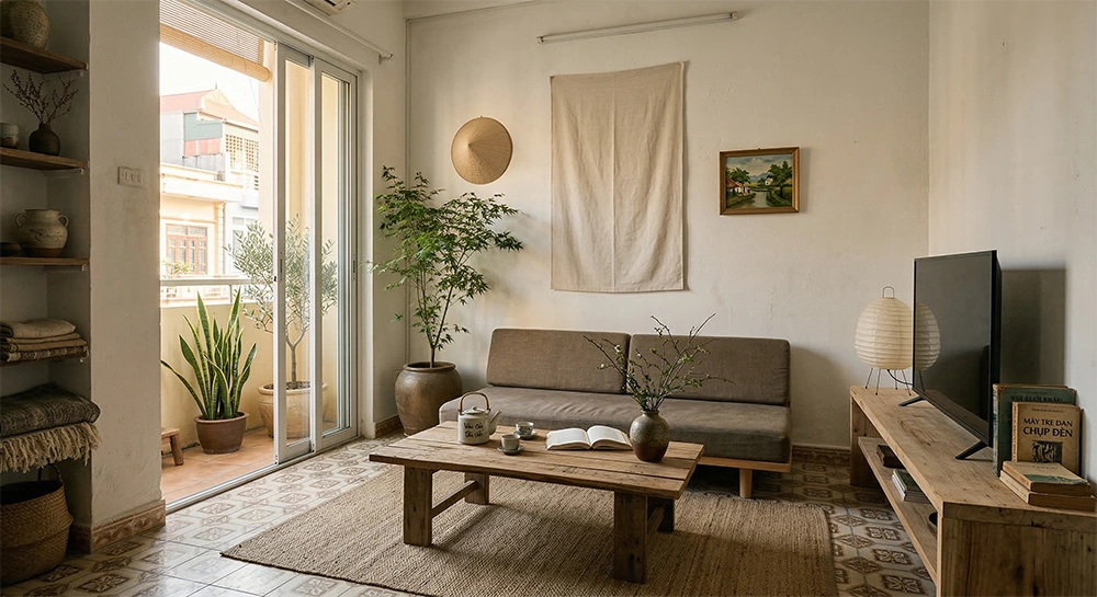 Phòng khách nhỏ ấm cúng với phong cách Japandi và Wabi Sabi