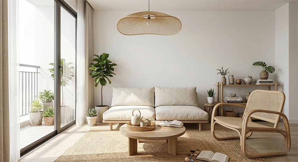 Sử dụng vật liệu mây tre đan trong nội thất phòng khách Japandi