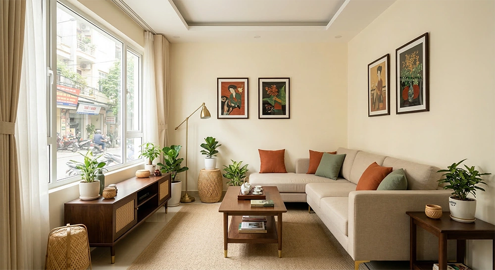 Phối màu 60-30-10 với tone kem be cho phòng khách nhỏ