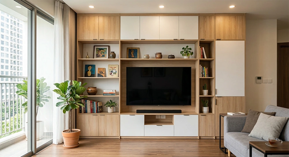 Hệ tủ tivi kịch trần bằng gỗ công nghiệp MDF An Cường cho phòng khách