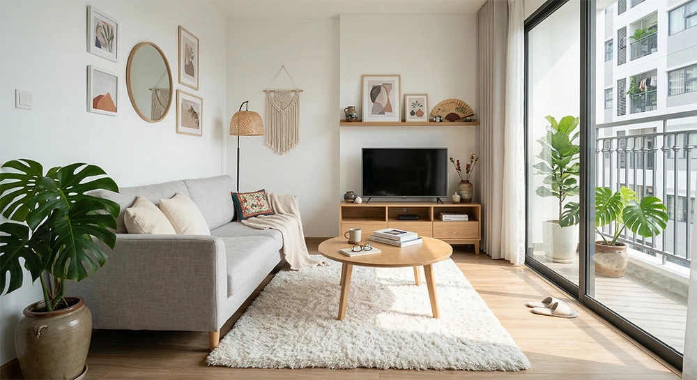 Sofa vải nỉ và thảm lông êm ái trong phòng khách Bắc Âu