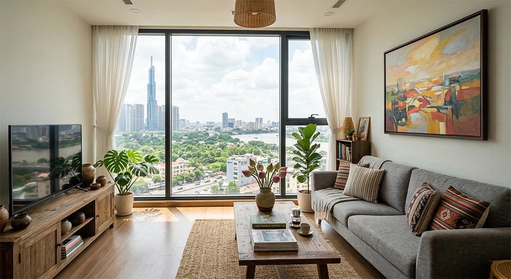 Cửa sổ kính lớn đón ánh sáng tự nhiên cho phòng khách chung cư