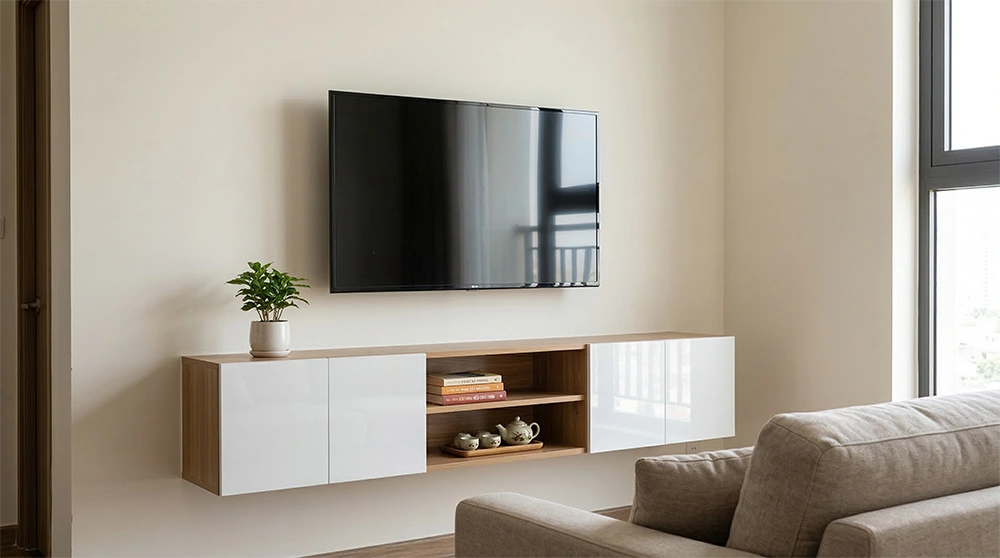 Tủ kệ tivi treo tường bề mặt Acrylic bóng gương trong phòng khách nhỏ