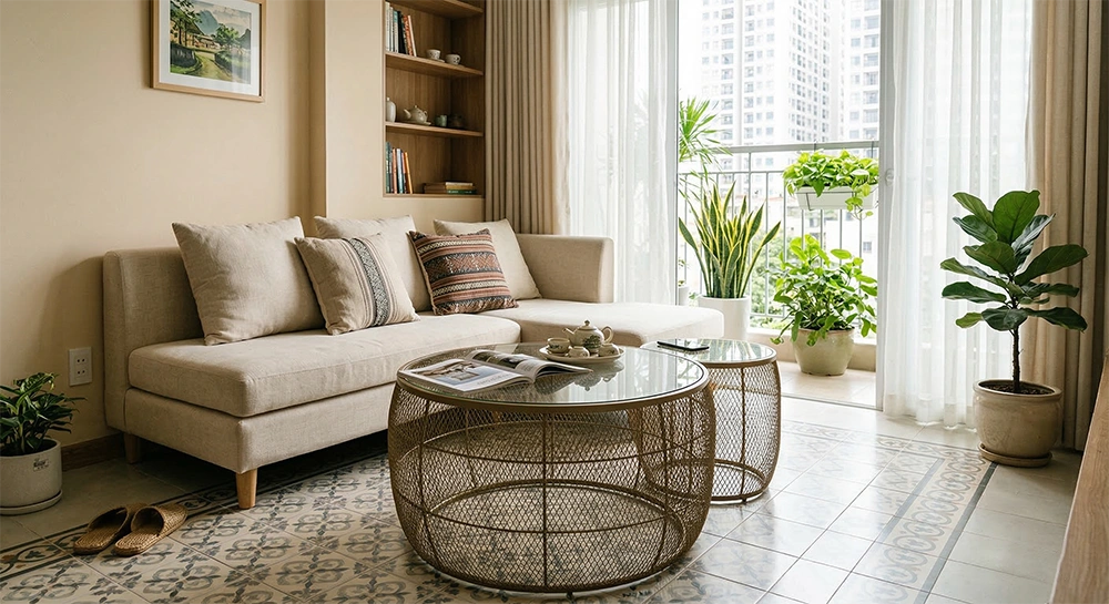 Bàn kính thanh mảnh giúp đồ vật như "tàng hình", giảm sức nặng thị giác cho khu vực trung tâm.