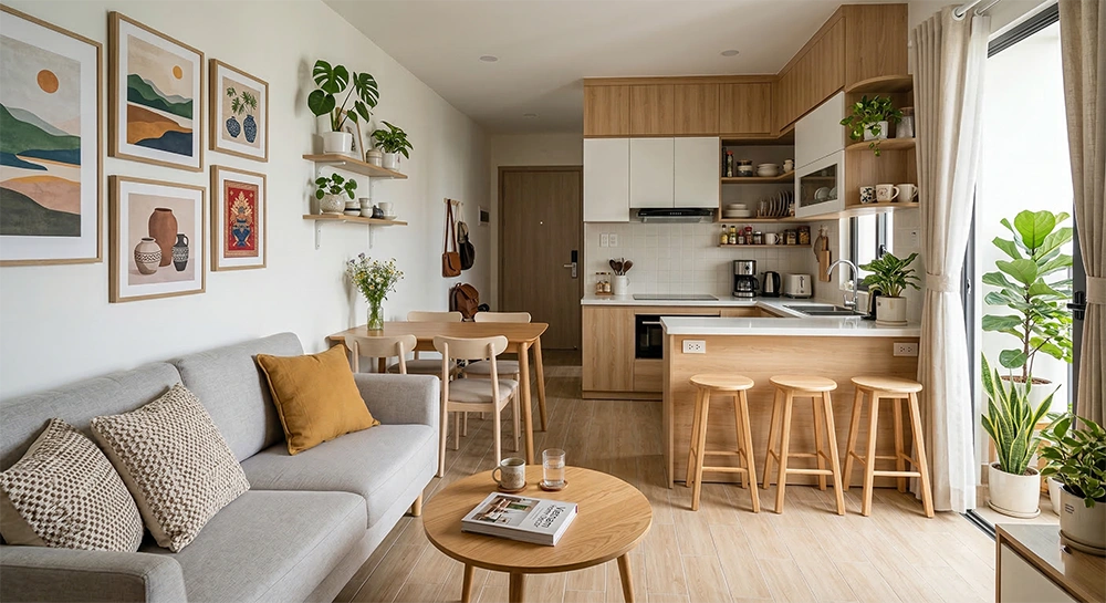 Thiết kế phòng khách nhỏ liên thông phòng bếp căn hộ 50m2