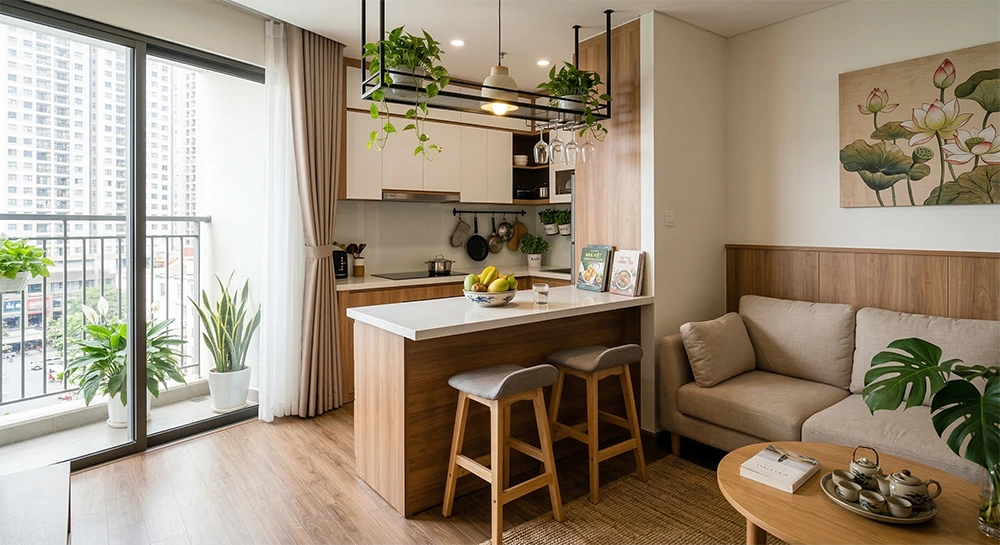 Bố trí bàn đảo bếp nhỏ làm vách ngăn không gian phòng khách