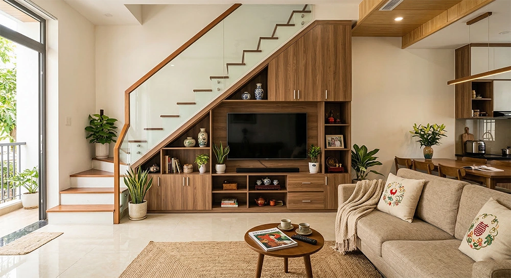 Tích hợp kệ tivi âm tường dưới gầm cầu thang giúp giải phóng tối đa mặt sàn cho nhà ống hẹp ngang.