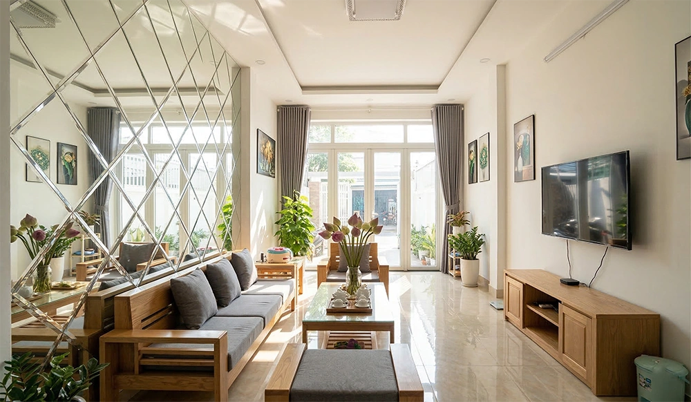 Vách kính ốp tường phòng khách nhà ống giúp phản chiếu ánh sáng