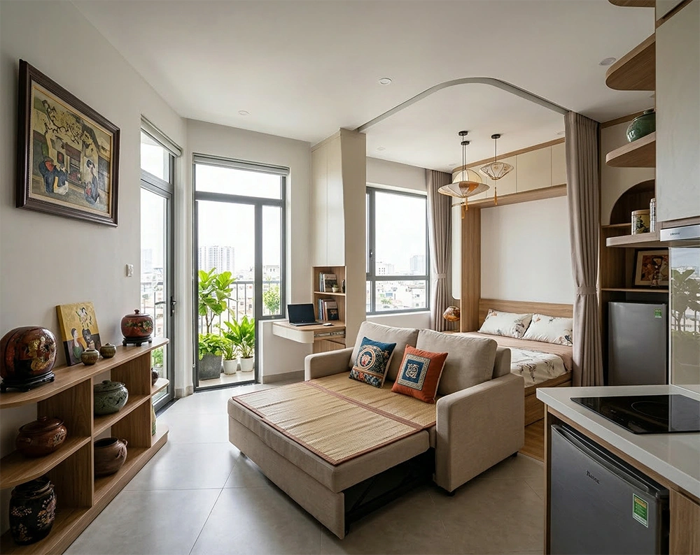 Thiết kế phòng khách tích hợp phòng ngủ cho căn hộ Studio với sofa bed