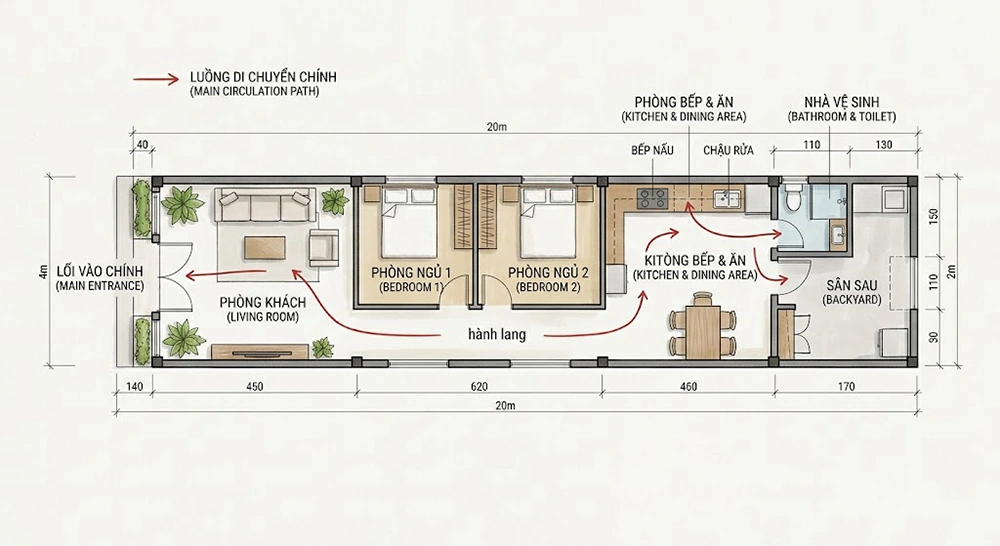 Sơ đồ mặt bằng bếp nhà ống cấp 4 điển hình