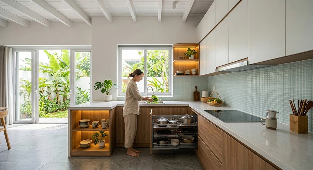 Mẫu nhà bếp đơn giản với gạch mosaic xanh