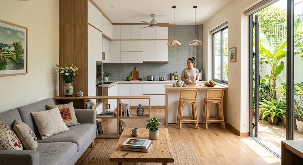 Thiết kế nhà bếp đơn giản liên thông phòng khách