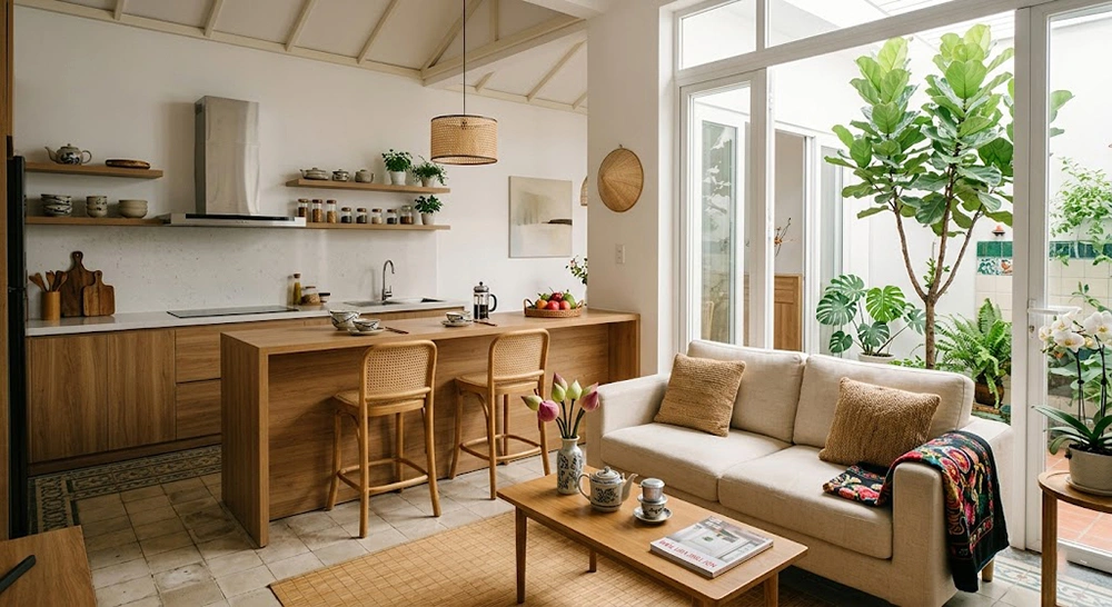 Không gian nhà bếp đơn giản tràn ngập ánh sáng