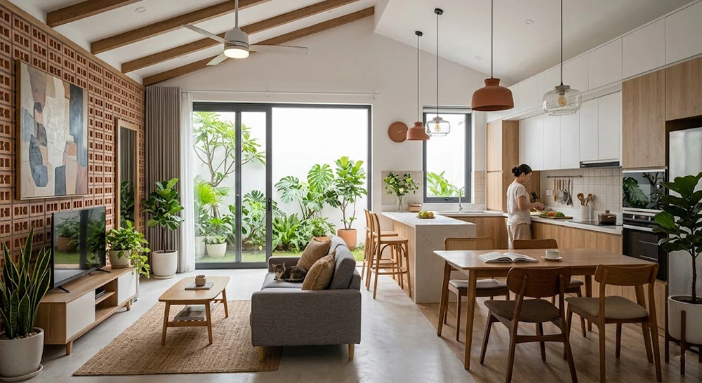 Nội thất nhà bếp đơn giản phong cách mộc mạc