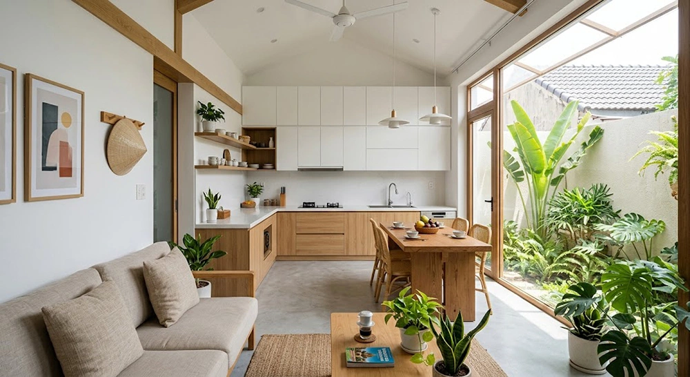 Mẫu bàn ăn gỗ dài trong nhà bếp đơn giản