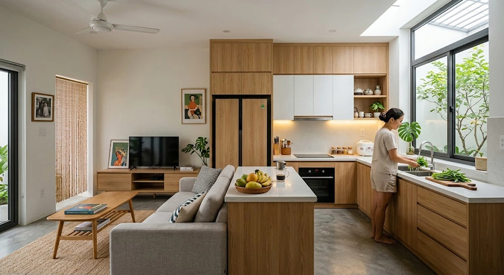 Cách bố trí sofa cạnh nhà bếp đơn giản