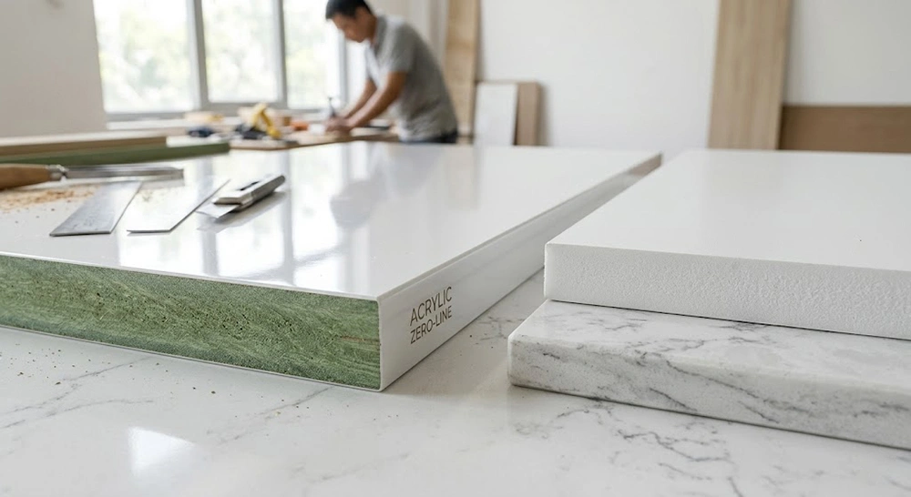 Vật liệu MDF lõi xanh chống ẩm và nhựa Picomat thi công tủ bếp