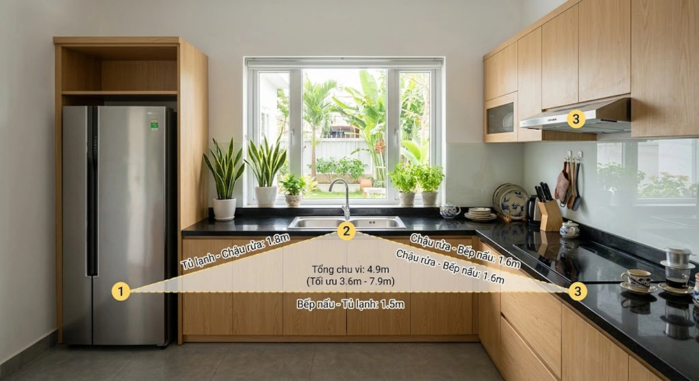 Quy tắc tam giác hoạt động trong thiết kế bếp nhà cấp 4