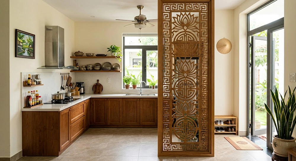 Cách bố trí bếp nhà cấp 4 hợp phong thủy với vách ngăn CNC