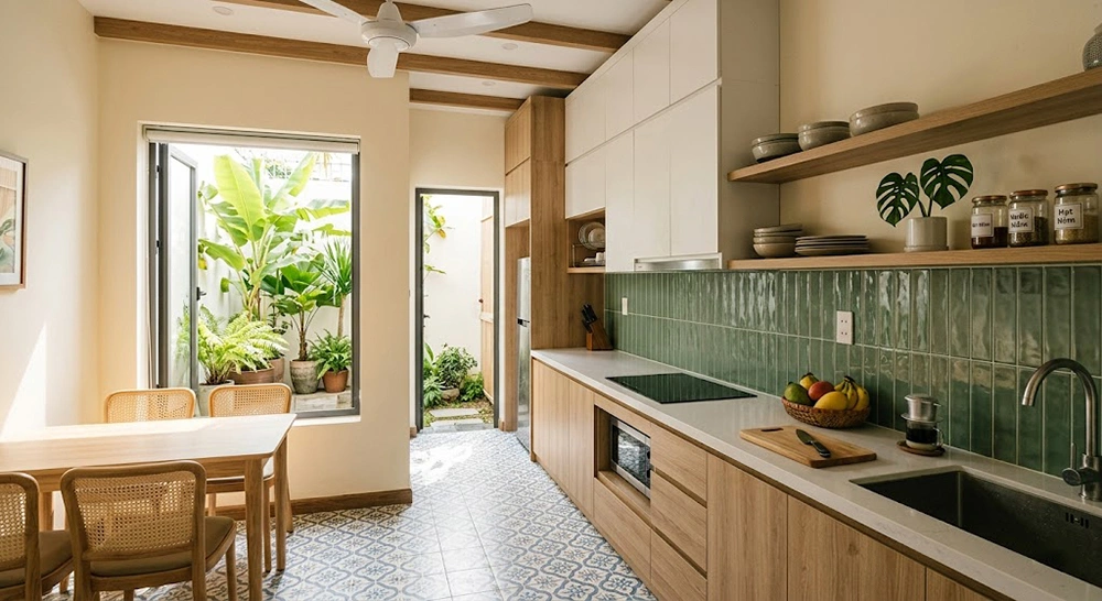 Mẫu nhà bếp đơn giản với gạch ốp tường xanh