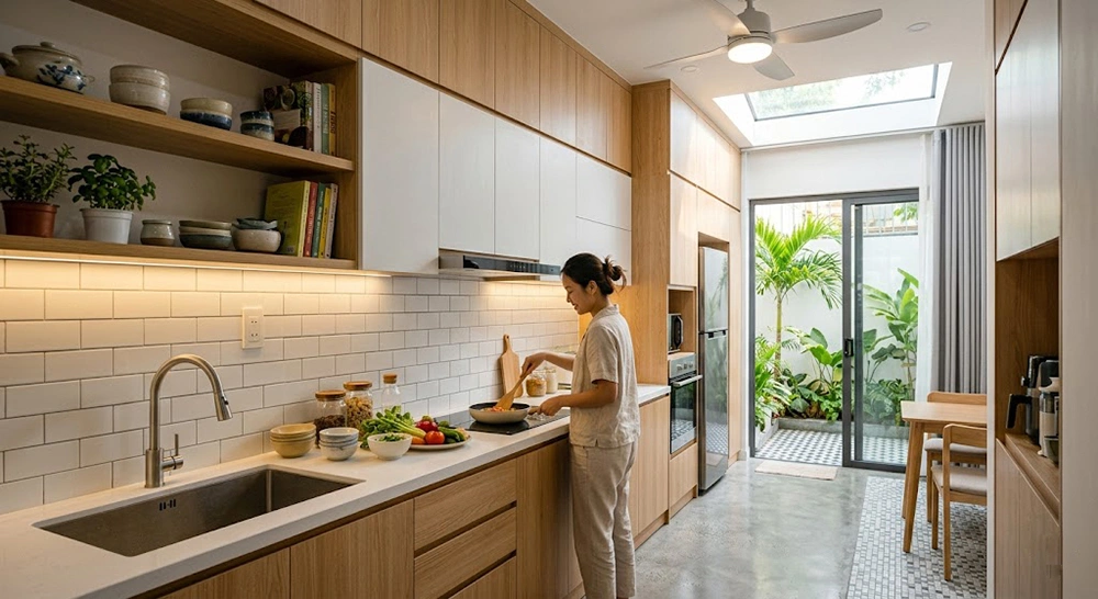 Ánh sáng từ giếng trời cho nhà bếp đơn giản