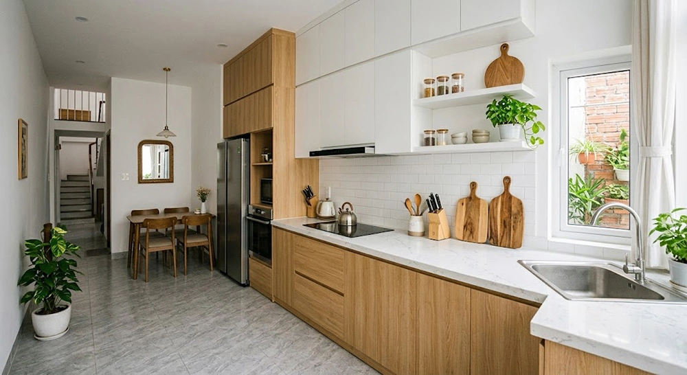 Thiết kế nhà bếp đơn giản tông màu trắng gỗ