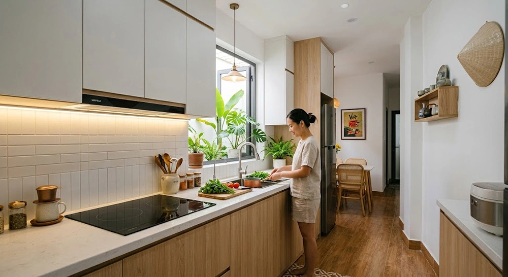 Khu vực bồn rửa thoáng đãng trong nhà bếp đơn giản