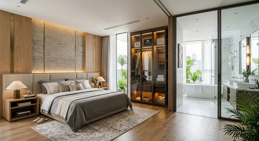 Thiết kế phòng ngủ master 50m2 có bồn tắm mở