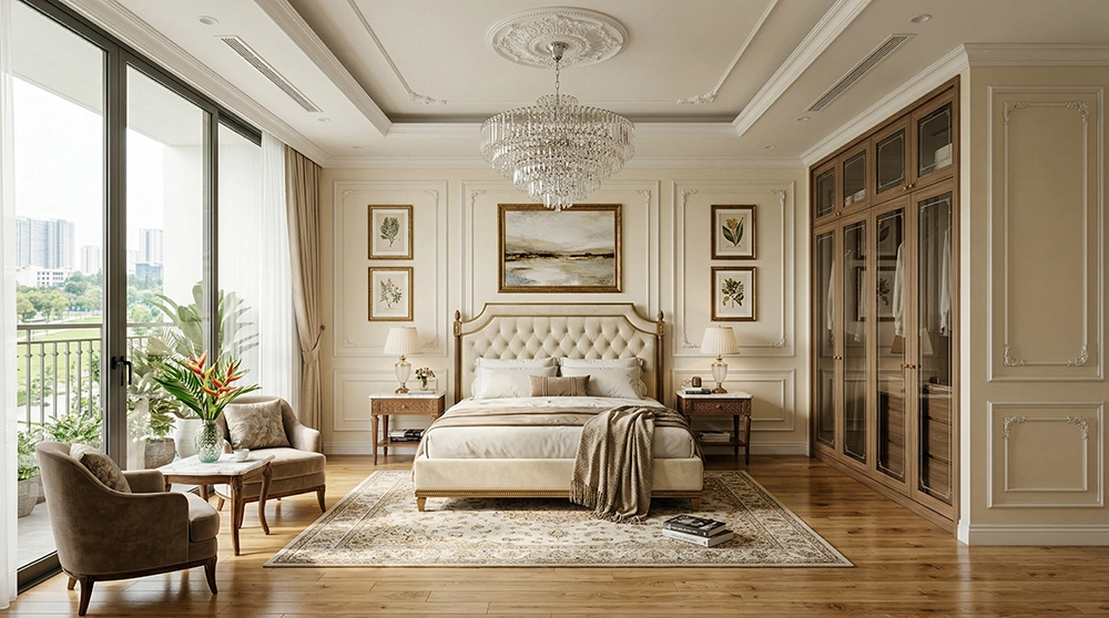 Mẫu phòng ngủ master 50m2 phong cách tân cổ điển