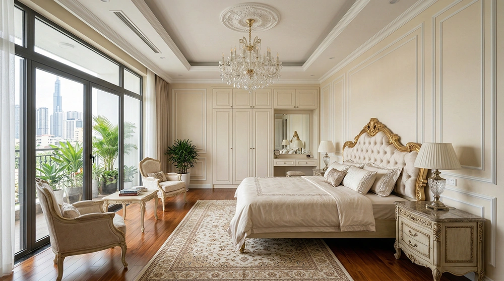 Mẫu phòng ngủ master 50m2 tân cổ điển quý phái