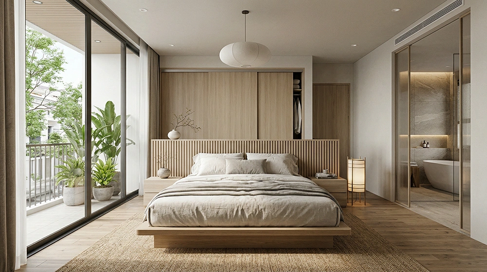 Phòng ngủ master 50m2 tối giản nội thất gỗ sáng