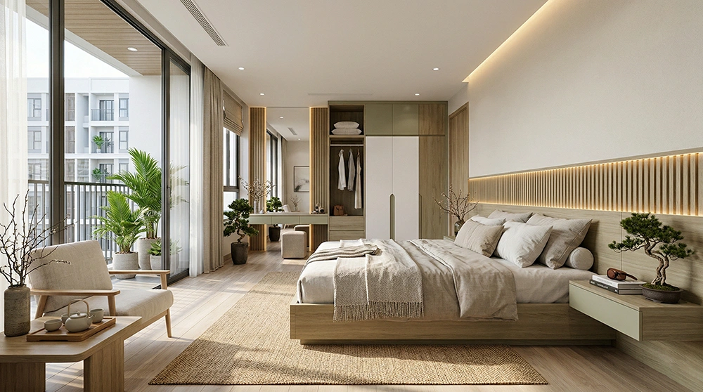 Bố trí phòng ngủ master 50m2 hiện đại ấm cúng