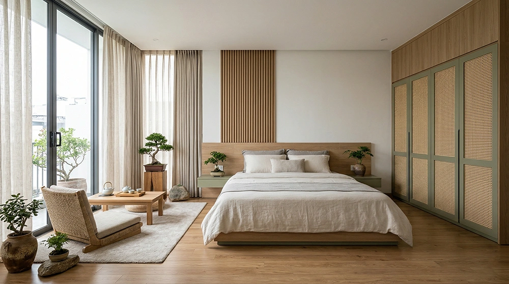 Ý tưởng phòng ngủ master 50m2 mộc mạc kiểu Nhật